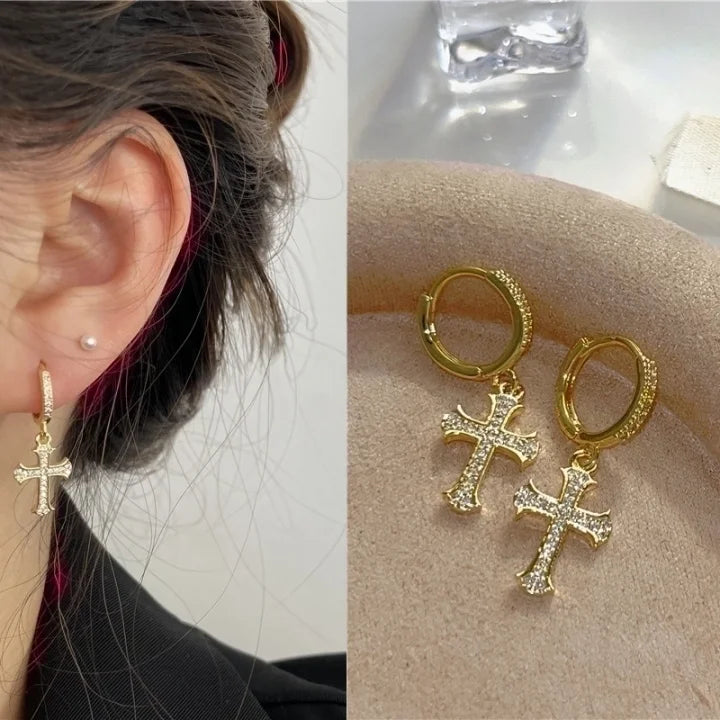 Cross Drop Hoop Earrings