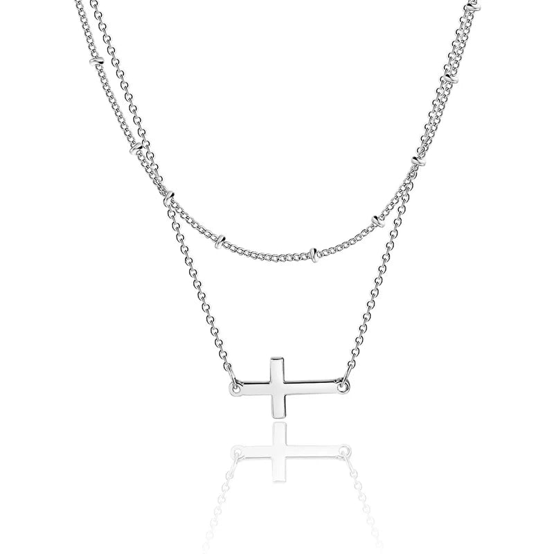 Double Layered Cross Necklace - Silver