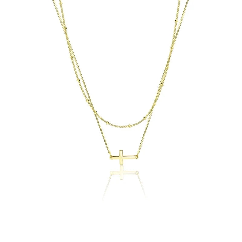 Double Layered Cross Necklace - Gold