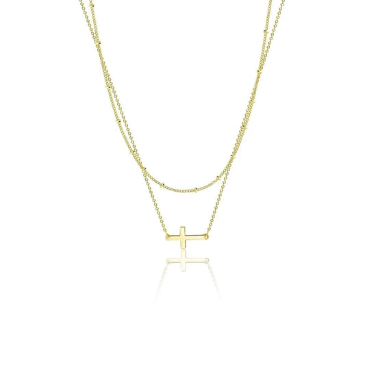 Double Layered Cross Necklace - Gold