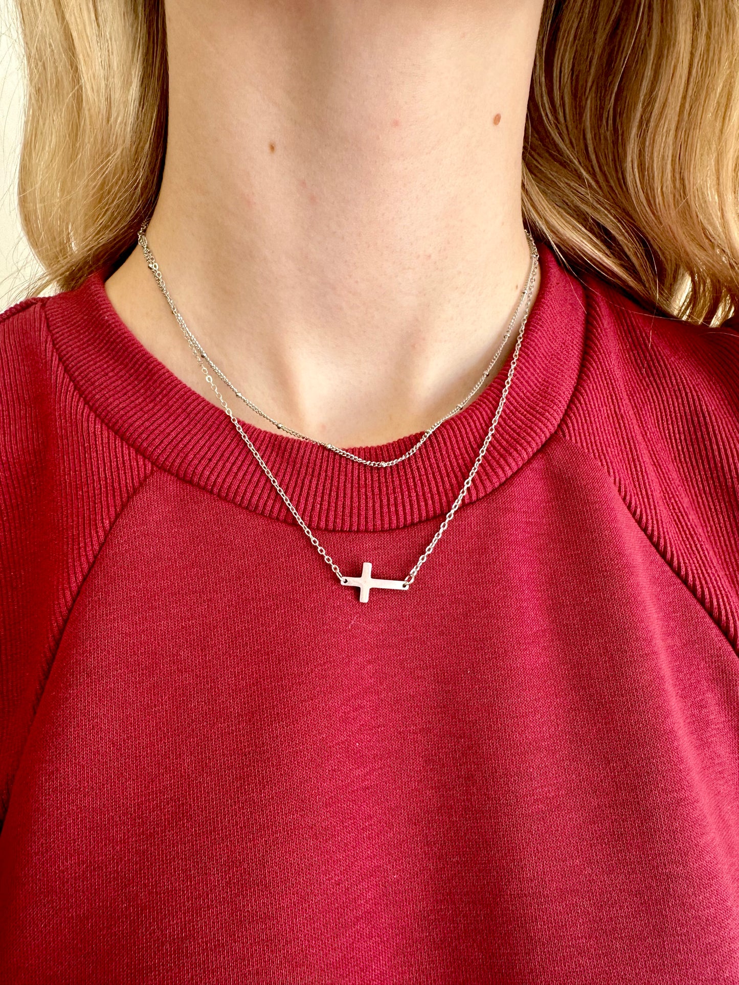 Double Layered Cross Necklace - Silver
