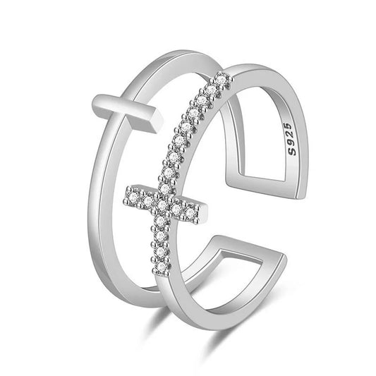 Silver double cross ring
