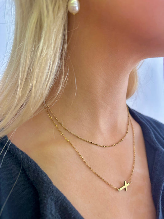 Double Layered Cross Necklace - Gold