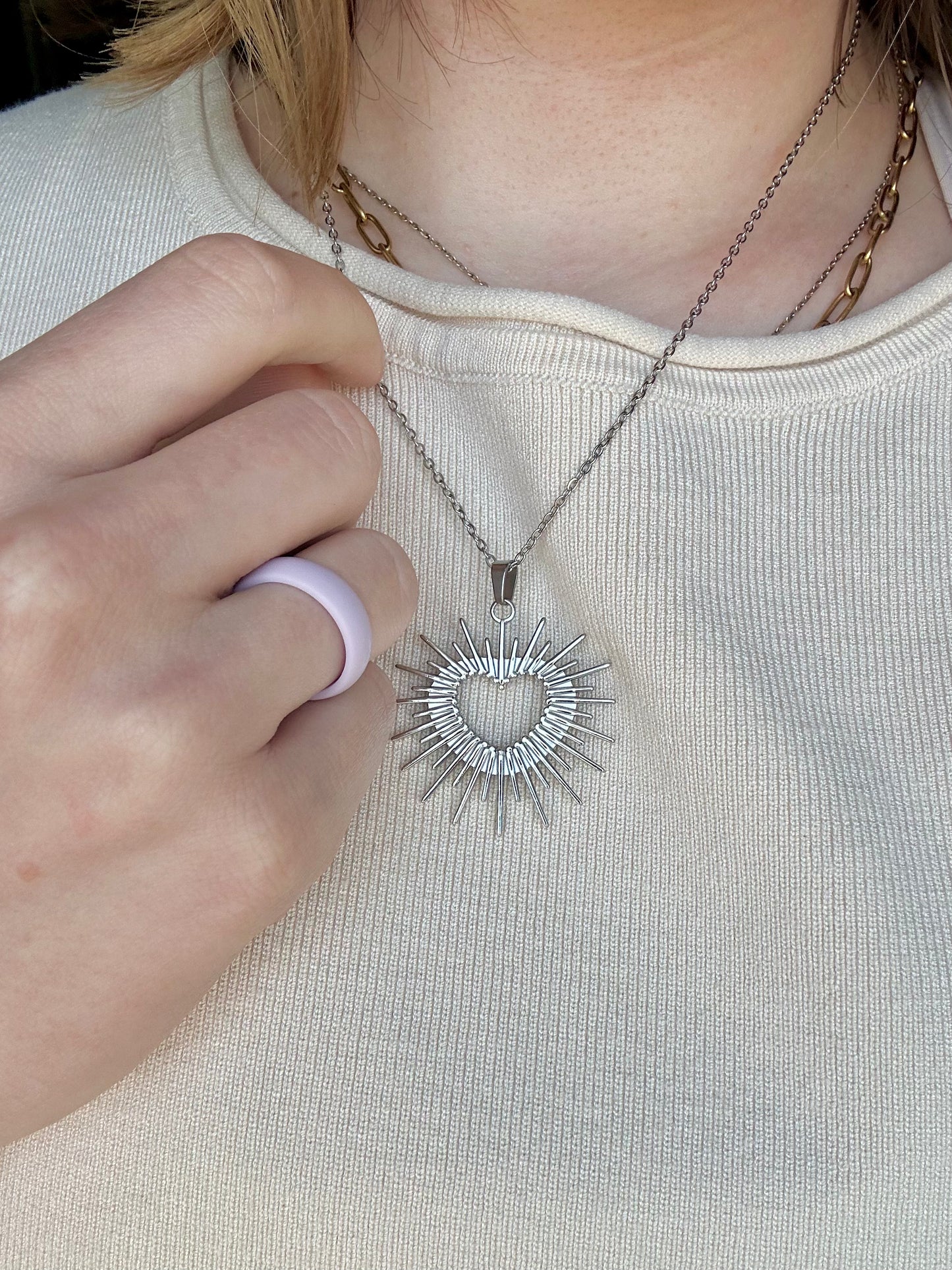 Sunburst Heart Necklace - Silver
