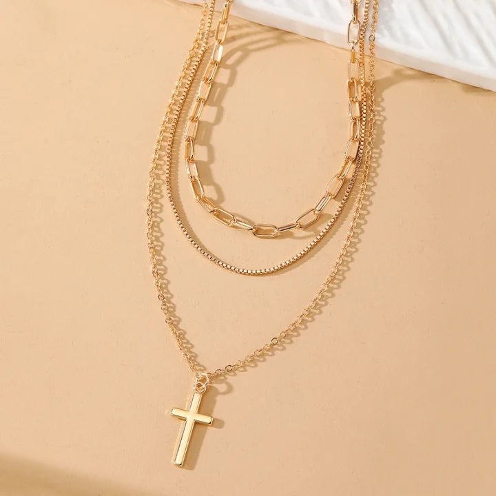 Triple Layered Cross Necklace - Gold