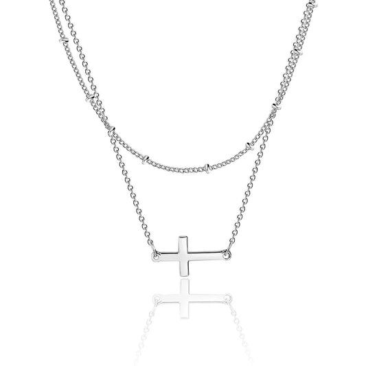Double Layered Cross Necklace - Silver